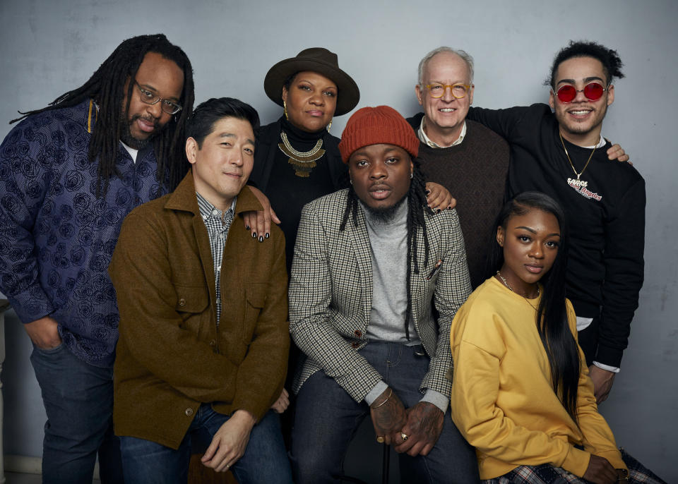 Jacob Ming-Trent, from top left, writer/director Radha Blank, Reed Birney, Antonio Ortiz, Peter Kim, from bottom left, Oswin Benjamin and Imani Lewis pose for a portrait to promote the film "The 40-Year-Old Version" at the Music Lodge during the Sundance Film Festival on Friday, Jan. 24, 2020, in Park City, Utah. (Photo by Taylor Jewell/Invision/AP)
