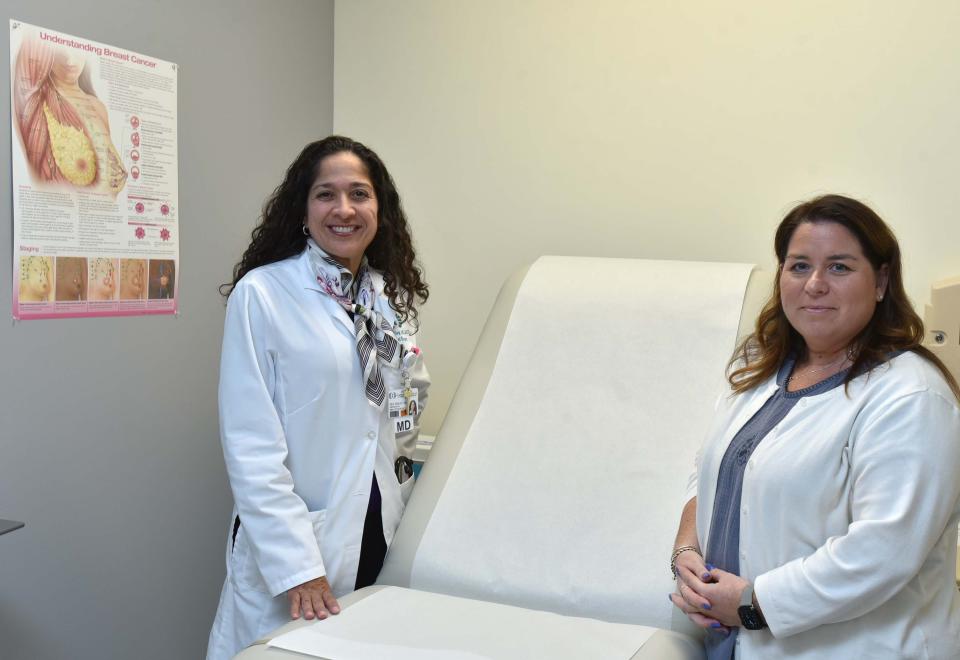 Dr. Jill Oxley, left, with nurse practioner-certified Stephanie Ellis in an exam room at Cape Cod Healthcare's Cuda Breast Care Center in Hyannis.