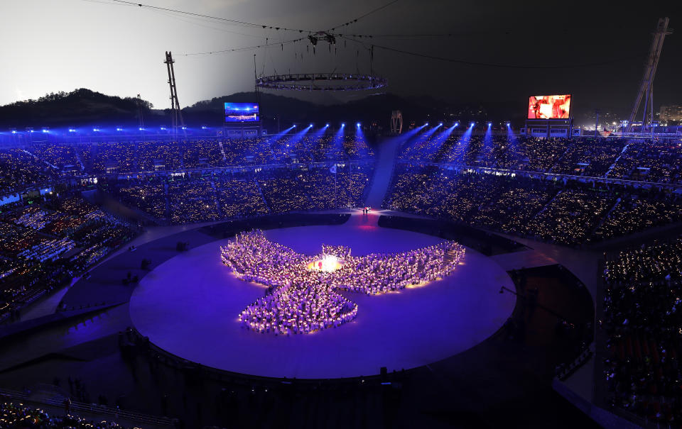 <p>A general view during the Opening Ceremony of the PyeongChang 2018 Winter Olympic Games at PyeongChang Olympic Stadium on February 9, 2018 in Pyeongchang-gun, South Korea. (Photo by Richard Heathcote/Getty Images) </p>