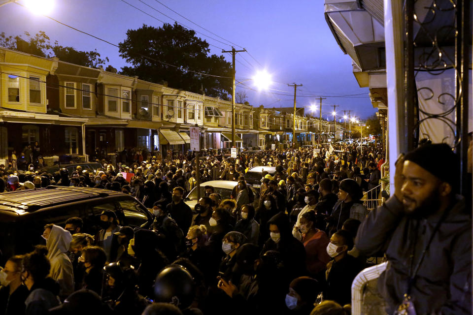 Demonstrators protest the fatal police shooting of Walter Wallace Jr. on October 27, 2020 in Philadelphia, Pennsylvania. (Photo by Joshua Lott/The Washington Post via Getty Images)