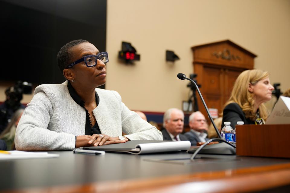 Harvard President Claudine Gay, left and Liz Magill, president of the University of Pennsylvania, testify at a House Committee on Education and the Workforce hearing on the recent rise in antisemitism on college campuses in early December.