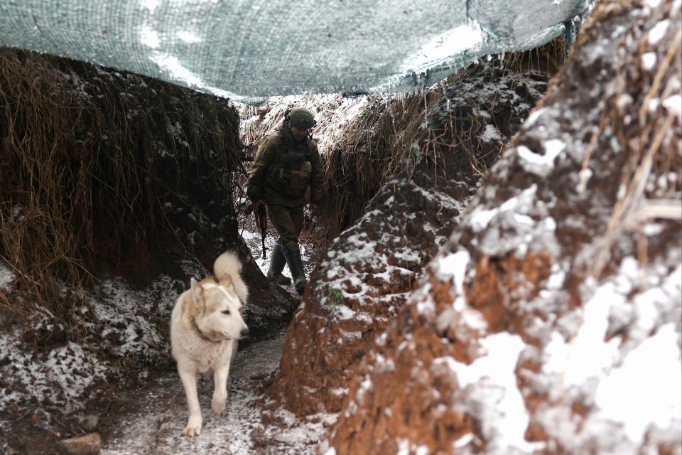 A Ukrainian soldier walks along the trench with a dog as he holds his position at the front line near the Russian-occupied Ukrainian city of Horlivka, Donetsk region (AFP via Getty Images)