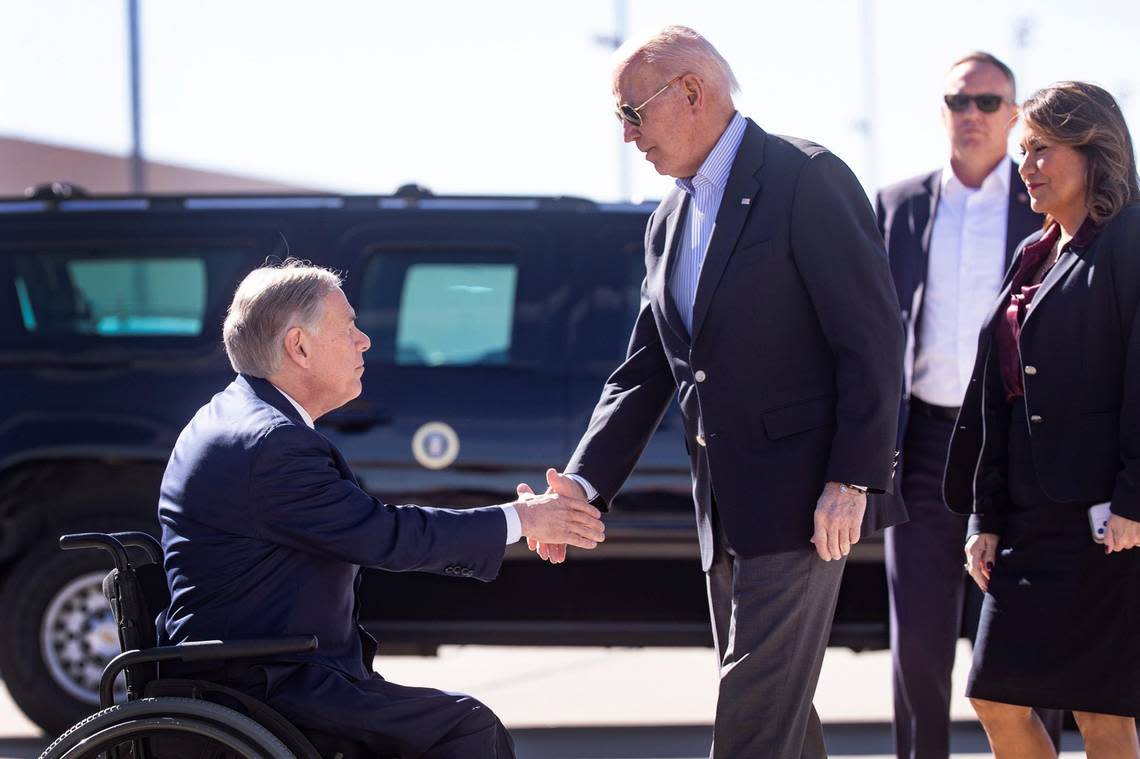 President Joe Biden exchanges handshakes with Texas Gov. Greg Abbott when the president arrived in El Paso Jan. 8, 2023 to assess border enforcement operations and meet with community leaders coping with a historic number of migrants fleeing political oppression and gang violence in Venezuela, Haiti, Nicaragua, and Cuba. Omar Ornelas/El Paso Times/USA TODAY NETWORK