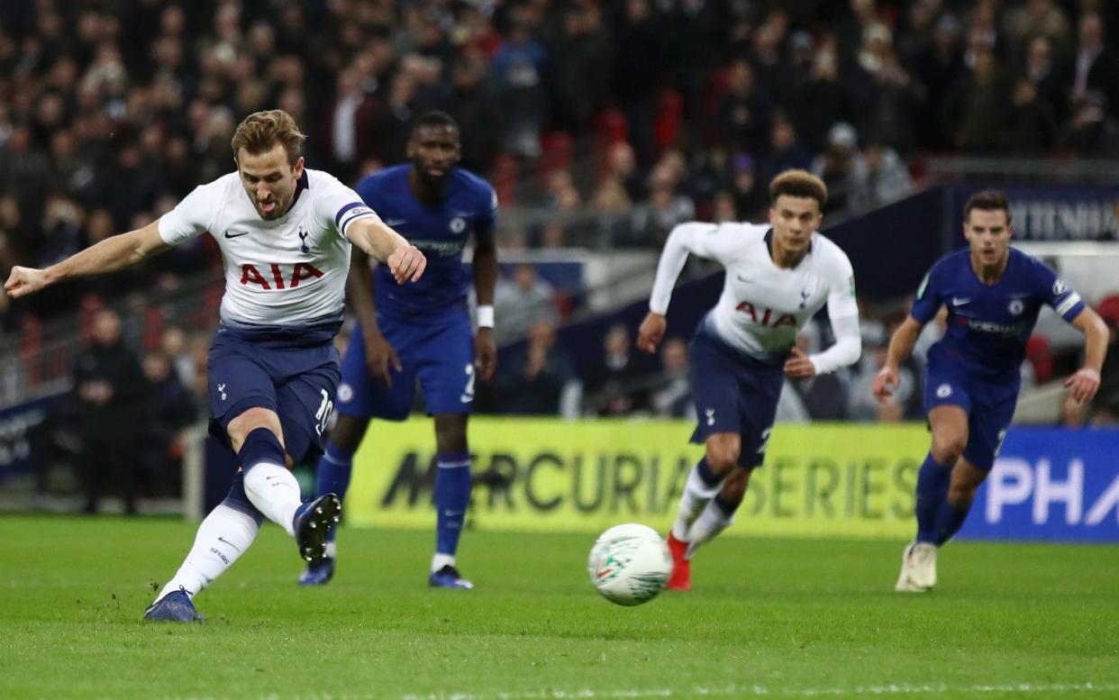 Harry Kane scores from the spot midway through the first half at Wembley on Tuesday night - Getty Images Europe