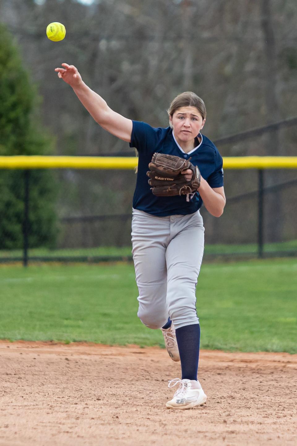 Somerset Berkley’s Gabriella Nugent throws across to first for an out during a recent game against Fairhaven.