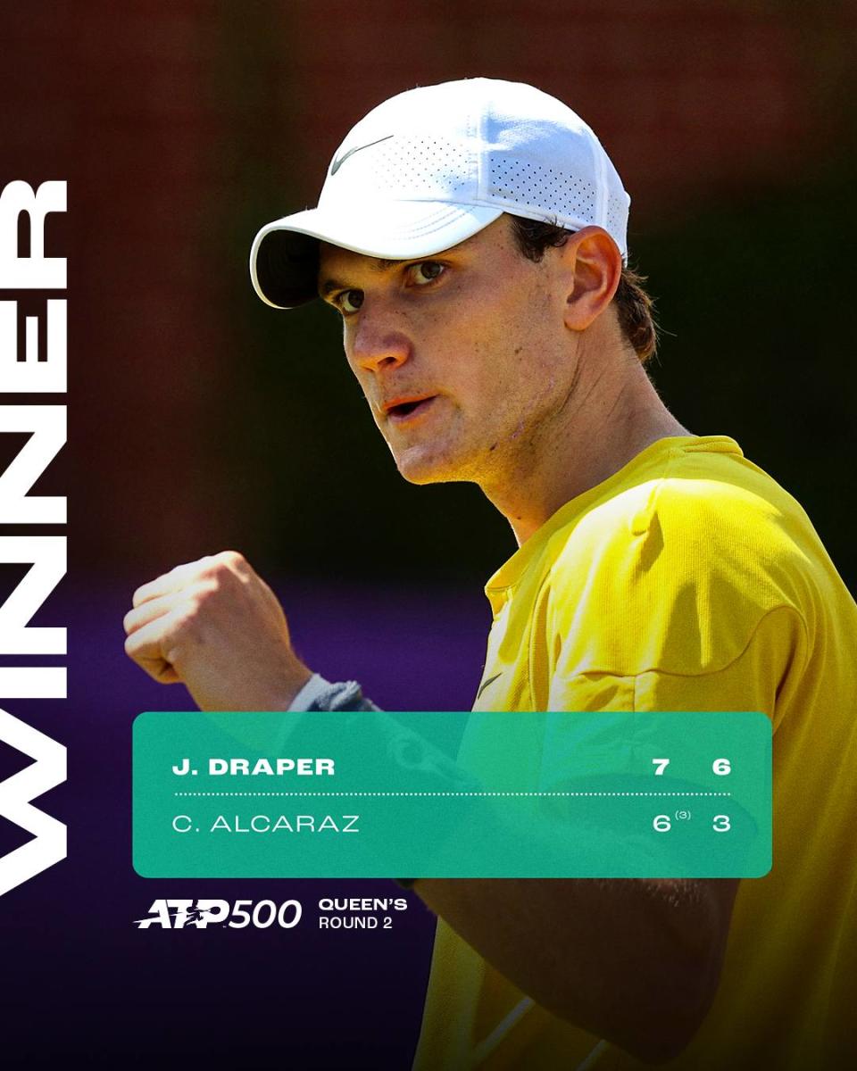 Jack Draper擊敗Carlos Alcaraz。（翻攝ATP Tour臉書粉專）
