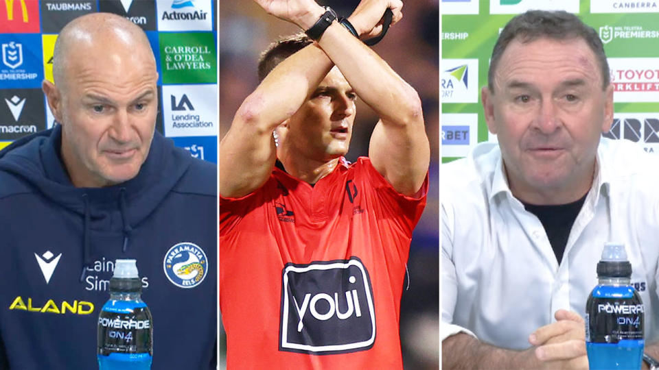 Pictured left is Parramatta coach Brad Arthur and Raiders counterpart Ricky Stuart on the right, with NRL referee Grant Atkins in the centre.