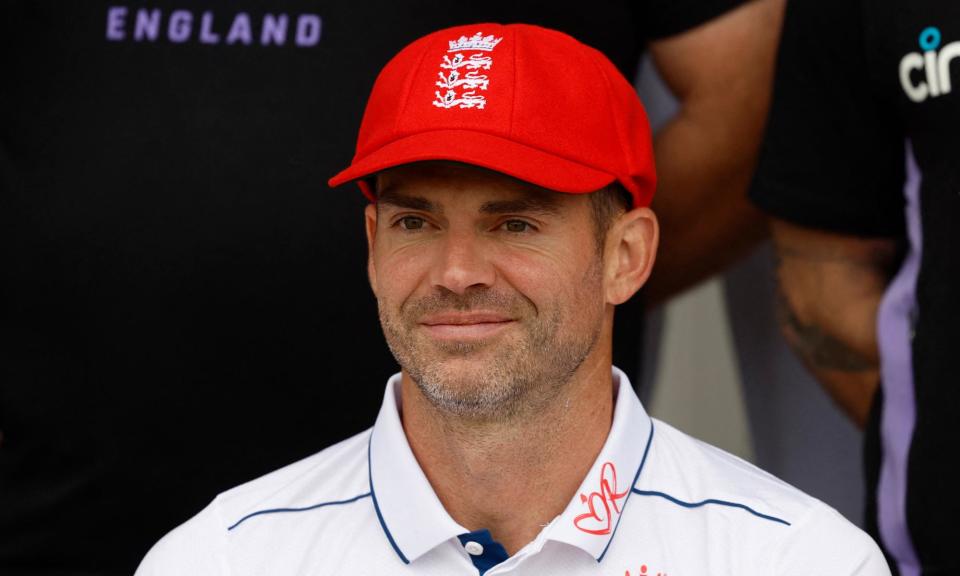 <span>Jmmy Anderson posing in his final England team picture, on the eve of the first Test against West Indies at Lord’s.</span><span>Photograph: Peter Cziborra/Action Images/Reuters</span>