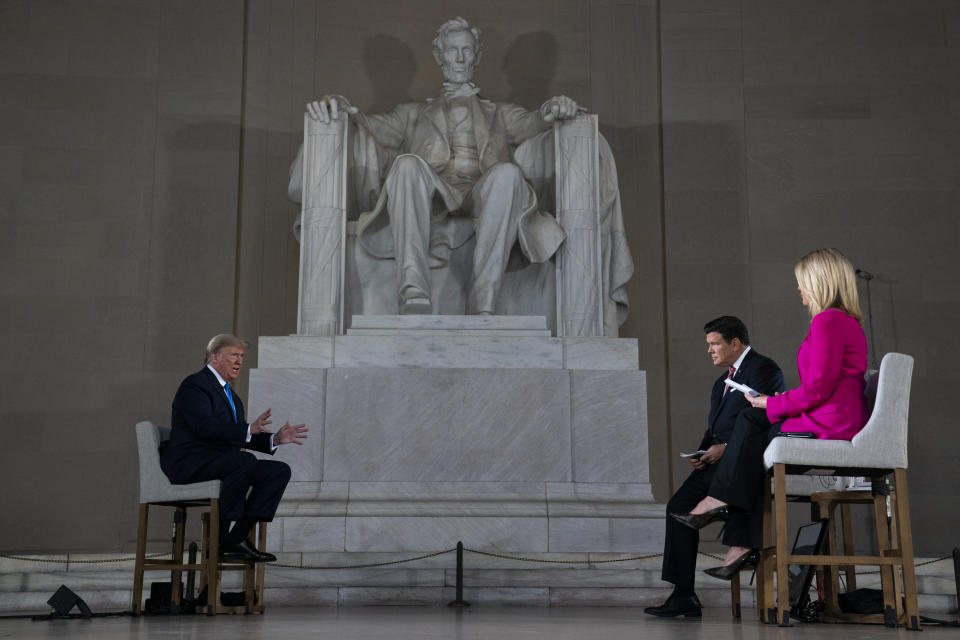 President Donald Trump speaks during a Fox News virtual town hall from the Lincoln Memorial, Sunday, May 3, 2020, in Washington. (AP Photo/Evan Vucci)