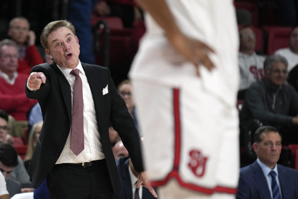 St. John's head coach Rick Pitino reacts during the first half of an NCAA college basketball game against Stony Brook, Tuesday, Nov. 7, 2023, in New York. (AP Photo/Seth Wenig)