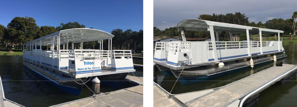Photos of two watercraft similar to those purchased by Manatee County to serve in a newly created water taxi system.