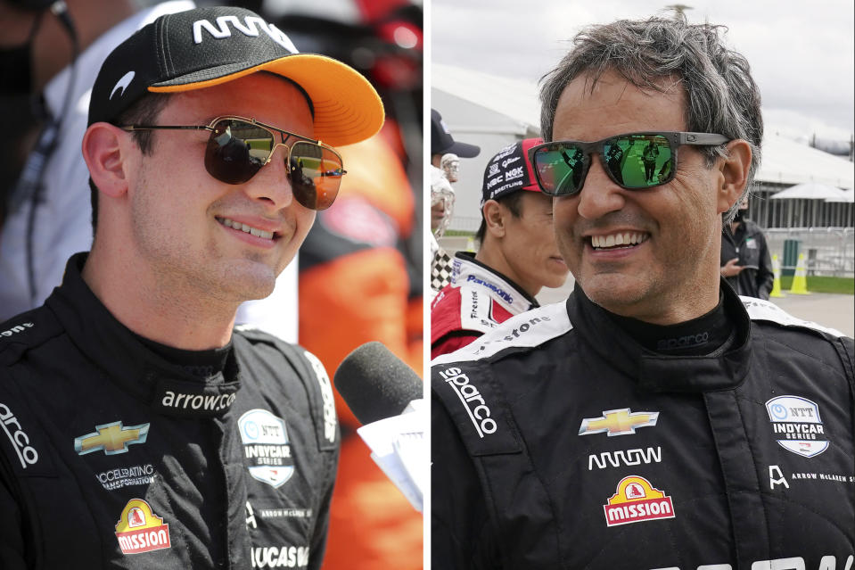 FILE - At left, in a May 2, 2021, filer photo, Pato O'Ward is interviewed on the grid before an IndyCar Series auto race at Texas Motor Speedway in Fort Worth, Texas. At right, in an April 8, 2021, file photo, Juan Pablo Montoya smiles before testing at Indianapolis Motor Speedway in Indianapolis. There's something familiar about Pato O'Ward. He sure seems like the second coming of Juan Pablo Montoya. (AP Photo/File)