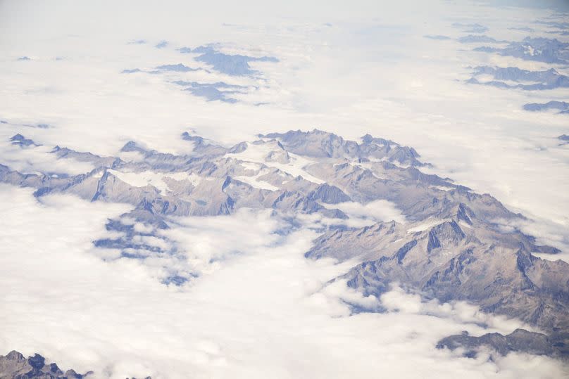 An aerial view of a glacier in the Italian Alps, Tuesday, Sept. 5, 2023.