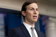 President Donald Trump's White House senior adviser Jared Kushner speaks at a press briefing in the James Brady Press Briefing Room at the White House in Washington, Thursday, Aug. 13, 2020, after Trump announced that the United Arab Emirates and Israel have agreed to establish full diplomatic ties as part of a deal to halt the annexation of occupied land sought by the Palestinians for their future state. (AP Photo/Andrew Harnik)