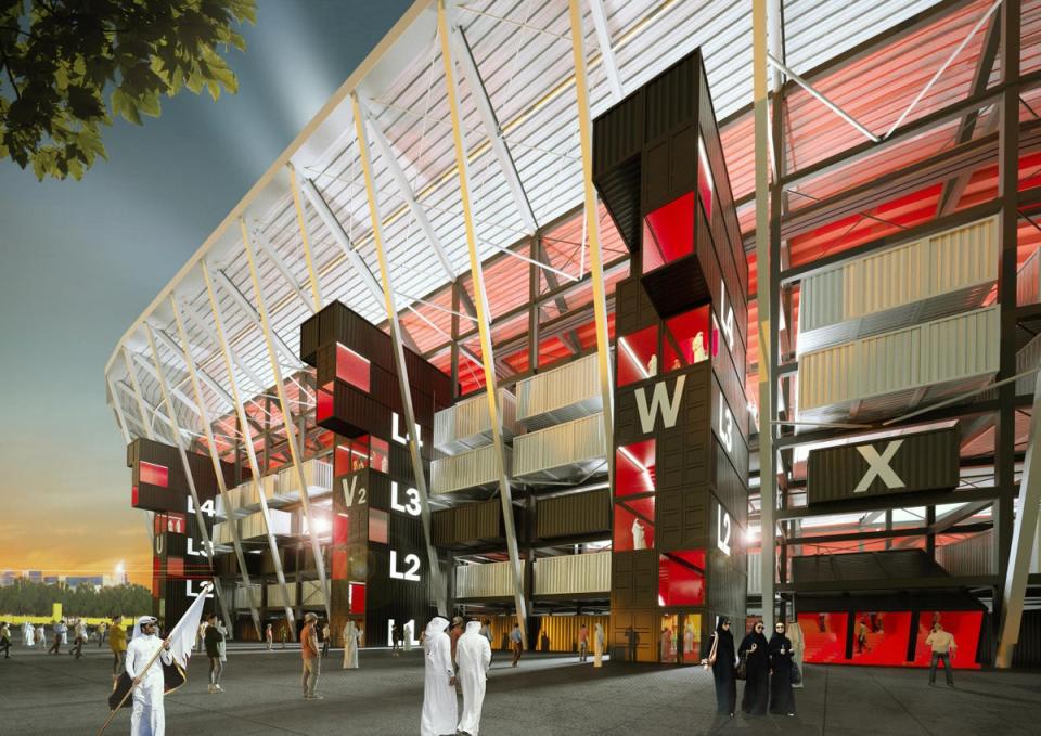 In this undated computer-generated artists impression provided by 2022 Supreme Committee for Delivery and Legacy, the Ras Abu Aboud stadium, a Qatar 2022 World Cup venue to be built in Doha, Qatar. (2022 Supreme Committee for Delivery and Legacy via Getty Images)