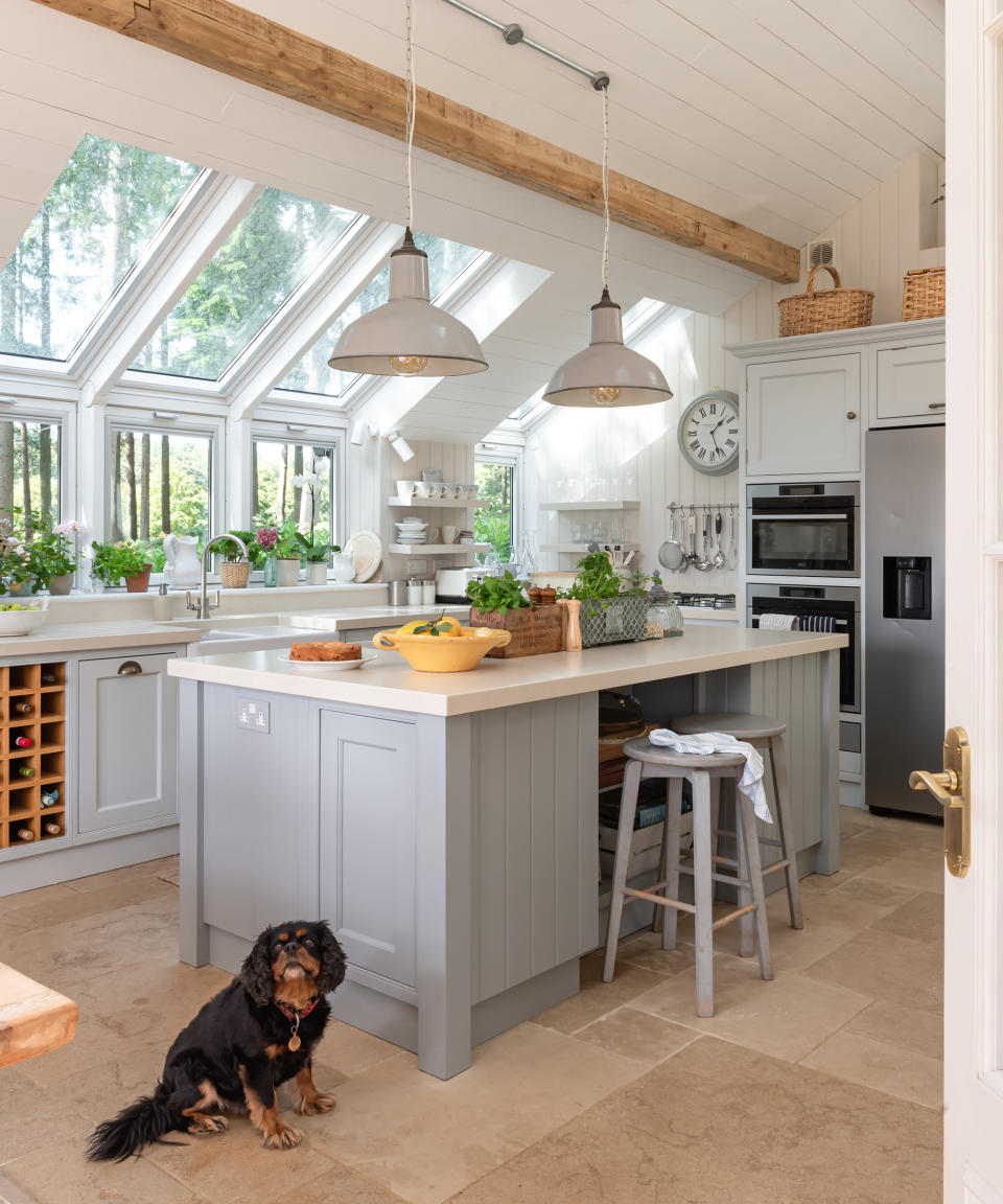 Kitchen extension with vaulted ceiling, panels, skylights and light blue kitchen island