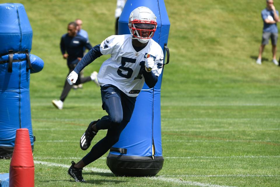 Speedy receiver Tyquan Thornton, the Pats' second-round draft pick, runs a drill during OTAs in May.