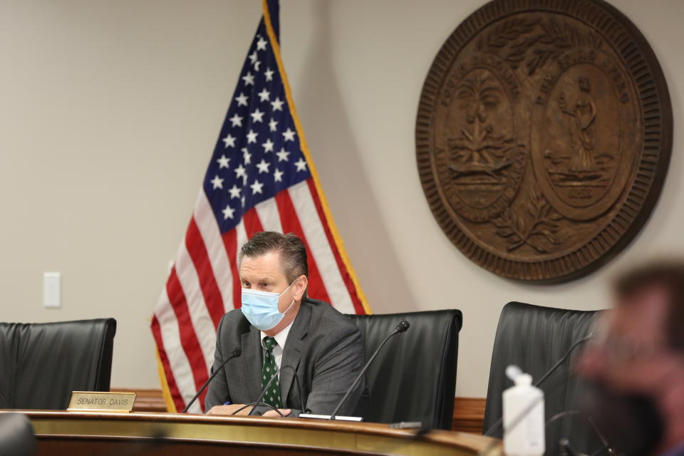 South Carolina Sen. Tom Davis, R-Beaufort, leads a Senate subcommittee hearing on a bill that would ban almost all abortions in the state on Jan. 14, 2021, in Columbia, S.C. The heartbeat abortion bill has stalled in recent years, but appears to have a good chance of passing in 2021.(AP Photo/Jeffrey Collins)