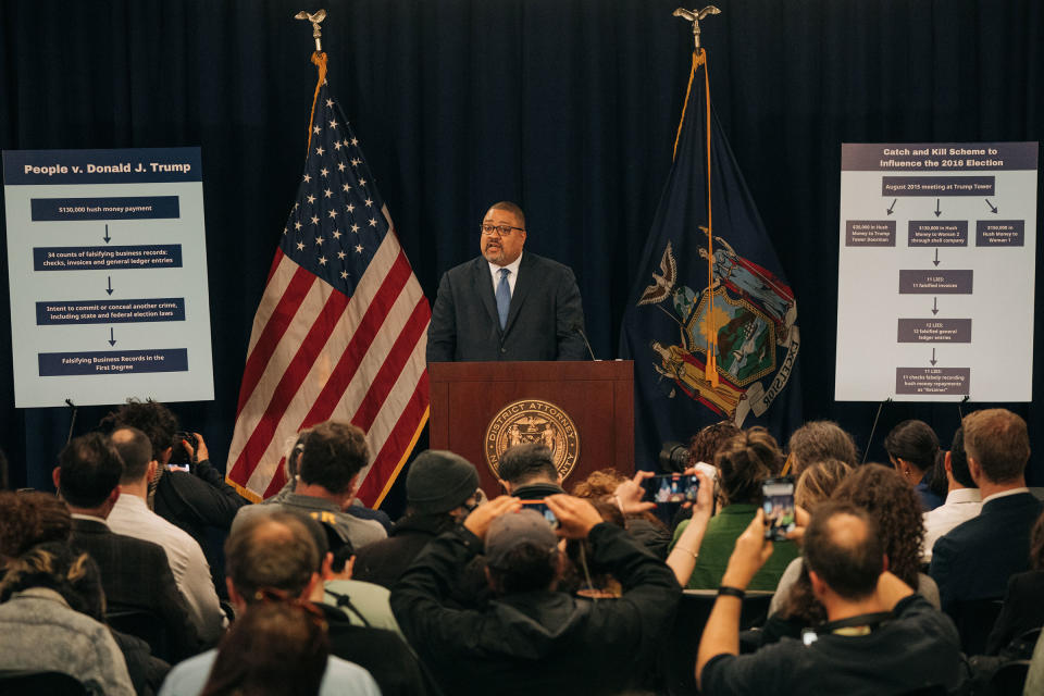Manhattan District Attorney Alvin Bragg speaks during a press conference following the arraignment of Trump in New York City on April 4, 2023.<span class="copyright">Jeenah Moon—The Washington Post /Getty Images</span>