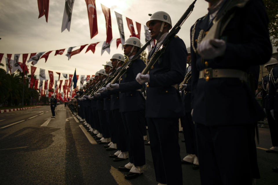 Turkey's army soldiers parade as part of celebrations marking the 100th anniversary of the creation of the modern, secular Turkish Republic, in Istanbul, Turkey, Sunday, Oct. 29, 2023. (AP Photo/Emrah Gurel)