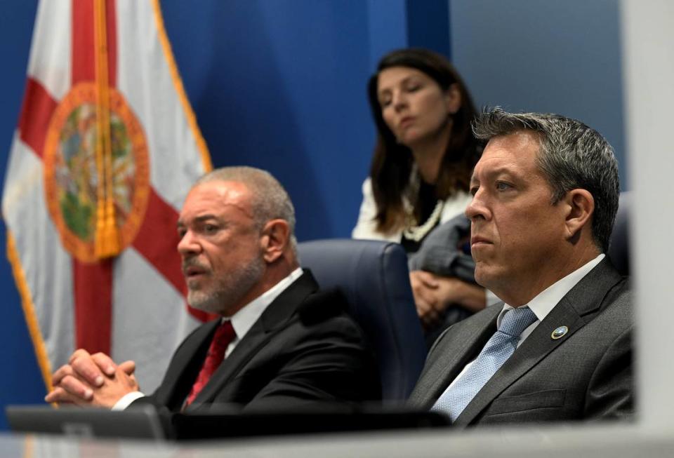 Manatee County Commissioners Ray Turner, Amanda Ballard (background) and George Kruse listen to a speaker from a group of local activists calling upon Manatee County to implement a new mental health response program on April 23, 2024.