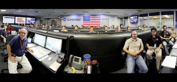 The Mission Support Area at NASA's Jet Propulsion Laboratory in Pasadena, Calif., is shown in this panorama, ahead of the Mars rover Curiosity landing. The room will be the hub of activity on Aug. 5, 2012, as mission team members monitor the c