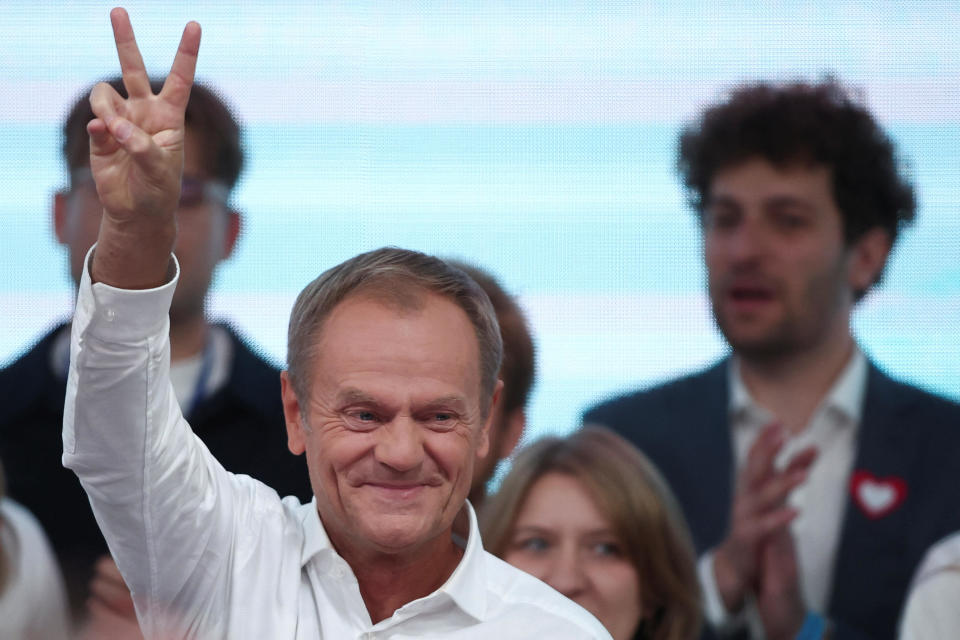 Donald Tusk, leader of the opposition group Civic Coalition, gestures after exit poll results are announced in Warsaw, Poland, Oct. 15, 2023. / Credit: Reuters/Kacper Pempel