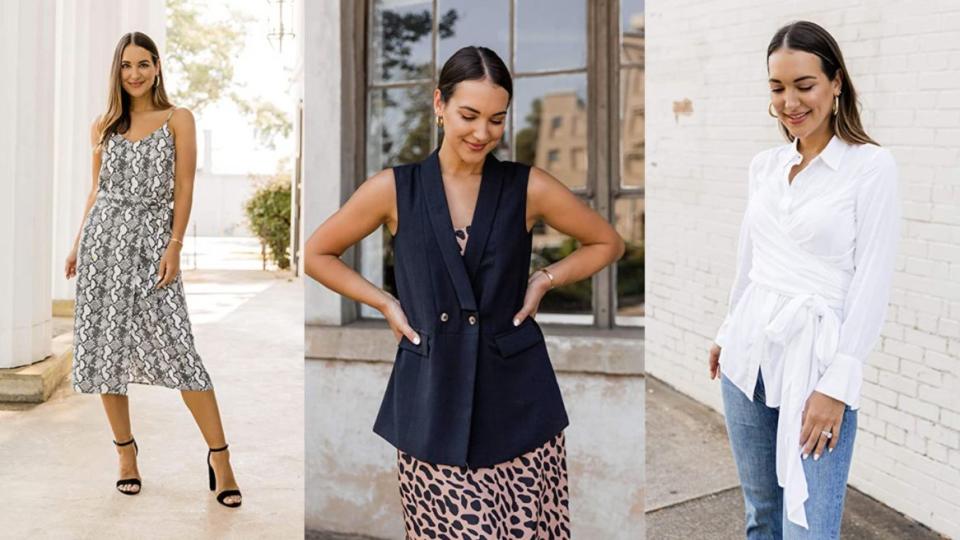 An animal print cami, a jogger set and wrap blouse &mdash; Kathleen Barnes' collection for "The Drop" is full of fashionable finds.  (Photo: HuffPost)