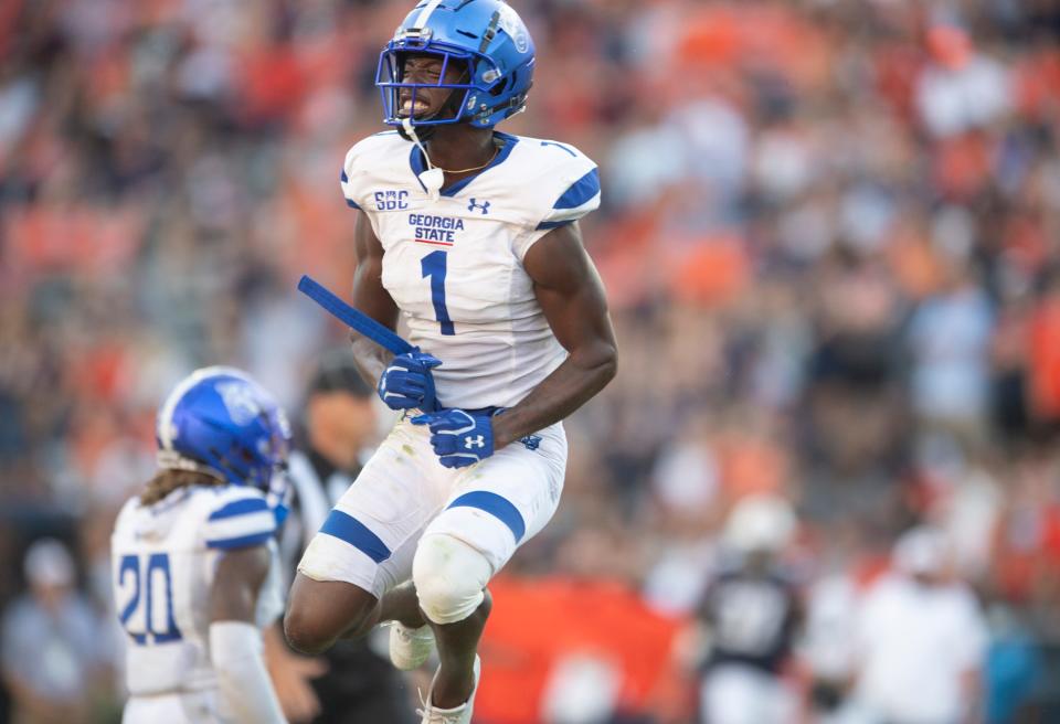 Georgia State Panthers outside linebacker Jontrey Hunter (1) celebrates a stop at Jordan-Hare Stadium in Auburn, Ala., on Saturday, Sept. 25, 2021. Auburn Tigers defeated Georgia State Panthers 34-24.