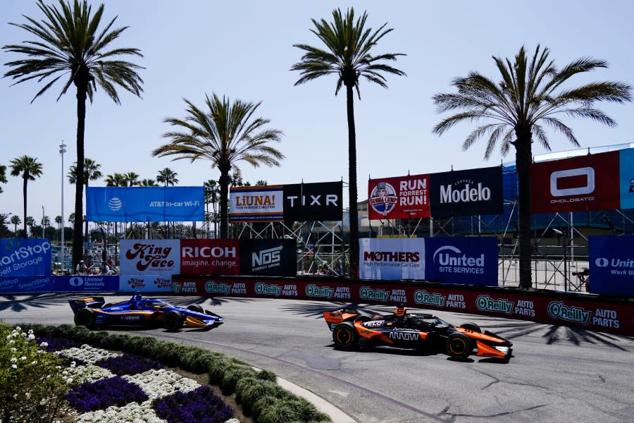 Arrow McLaren SP driver Pato O’Ward, right, and Chip Ganassi Racing driver Kyffin Simpson race during the IndyCar Grand Prix of Long Beach auto race Sunday, April 21, 2024, in Long Beach, Calif. (AP Photo/Ryan <a class="link " href="https://sports.yahoo.com/wnba/teams/connecticut/" data-i13n="sec:content-canvas;subsec:anchor_text;elm:context_link" data-ylk="slk:Sun;sec:content-canvas;subsec:anchor_text;elm:context_link;itc:0">Sun</a>)