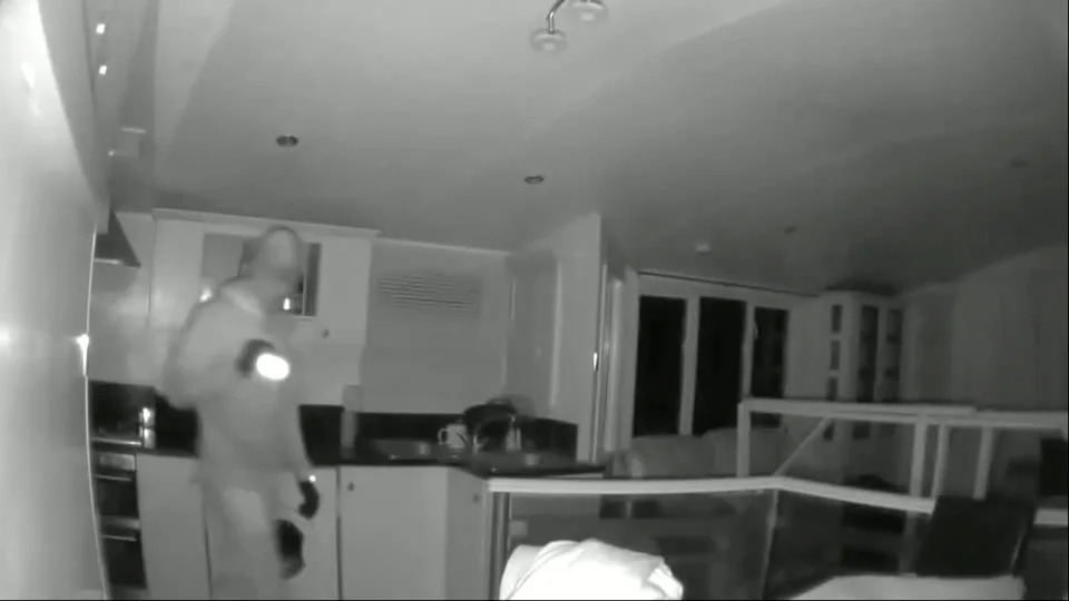 Video grab from the terrifying CCTV footage showing masked burglars creeping around a mobile home after smashing their way in and stealing a 100-year-old machete. See SWNS story SWLSintruders. The break-in was the second raid on the alpaca farm in a year - and saw the thieves break a gate lock and sneak around the site holding a tool.During the early morning theft, the farm's Kryptonite D-lock on the gate was broken then the thieves' truck was backed into Bonnington Farm near Ashford, Kent.One of the group could be seen walking behind with a weapon in hand, as they roamed around in balaclavas. 
