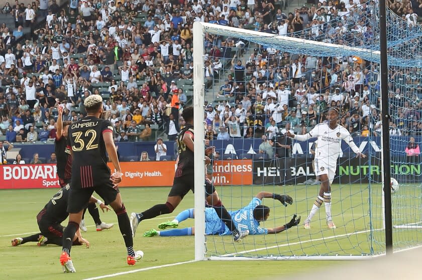 CARSON, CA - JULY 24: Kevin Cabral of LA Galaxy scores a goal to make it 1-0.