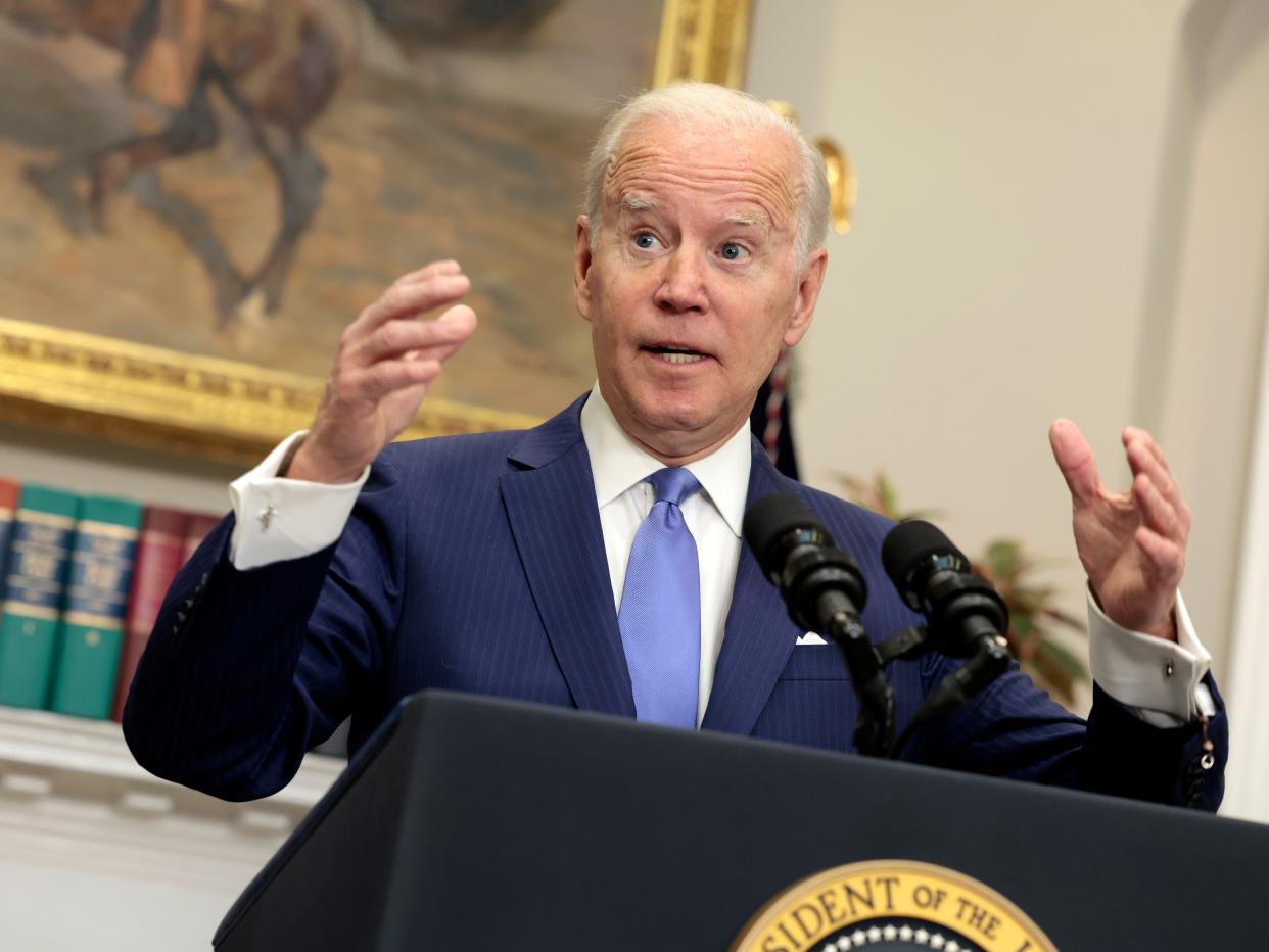 President Joe Biden gives remarks on providing additional support to Ukraine’s war efforts against Russia from the Roosevelt Room of the White House on April 28, 2022