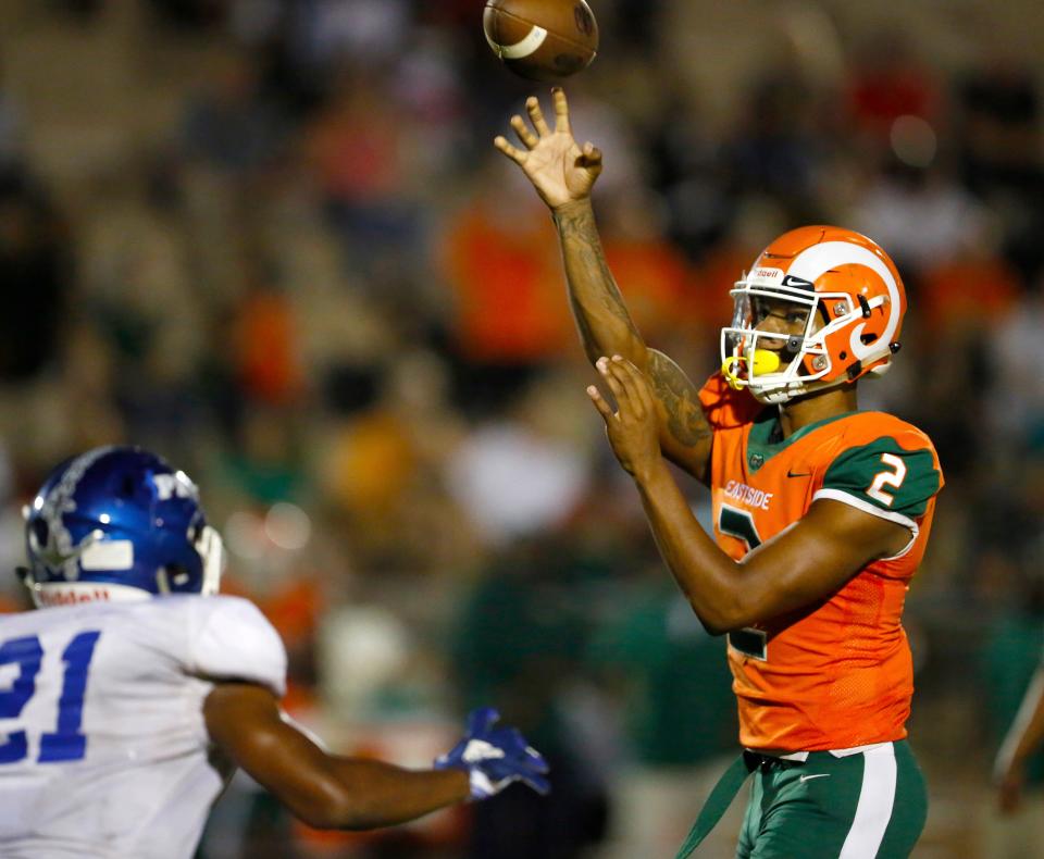 Eastside High School quarterback Anthony Richardson (2) throws a pass over the defense during a game Sept. 6, 2019, against PK Yonge at Citizens Field in Gainesville, Fla.