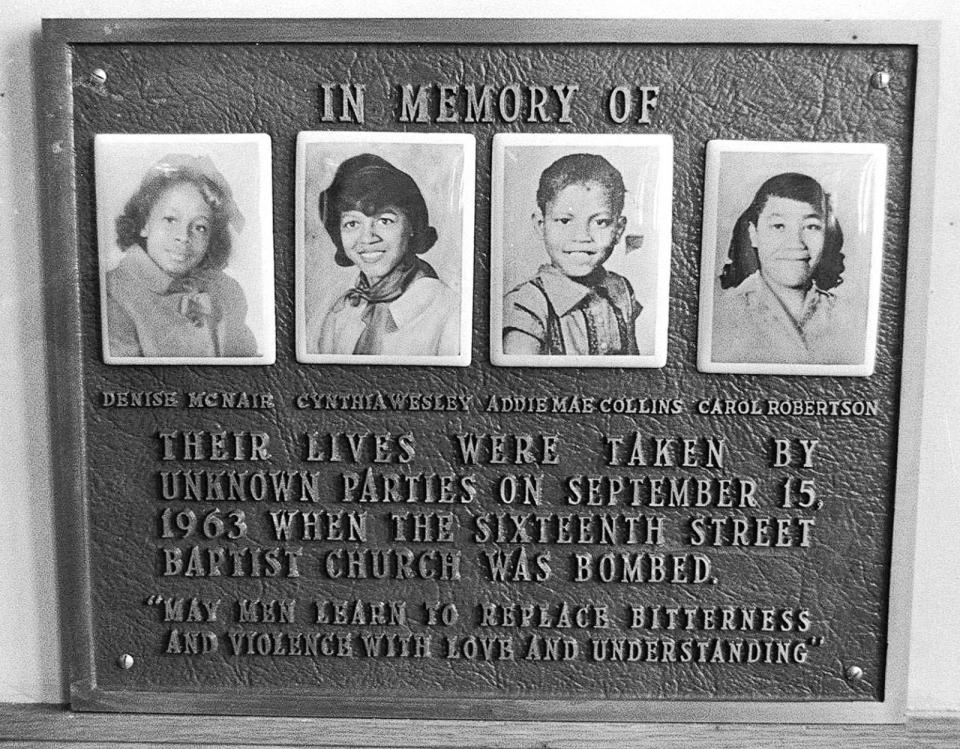 PHOTO: This 1977 photo shows a memorial plaque at the Sixteenth Street Baptist Church in Birmingham, Ala. for Denise McNair, Cynthia Wesley, Addie Mae Collins and Carole Robertson, the four girls killed in a bombing at the church in 1963. (The Birmingham News/AP)