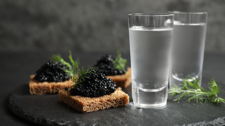 Vodka and bread with caviar