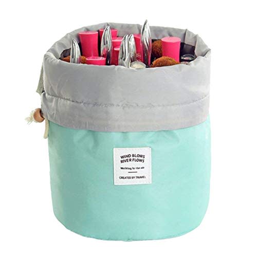 Travel Cosmetic Bags Barrel Makeup Bag,Women&Girls Portable Foldable Cases,EUOW Multifunctional Toiletry Bucket Bags Round Organizer Storage Pocket Soft Collapsible(Lightblue)