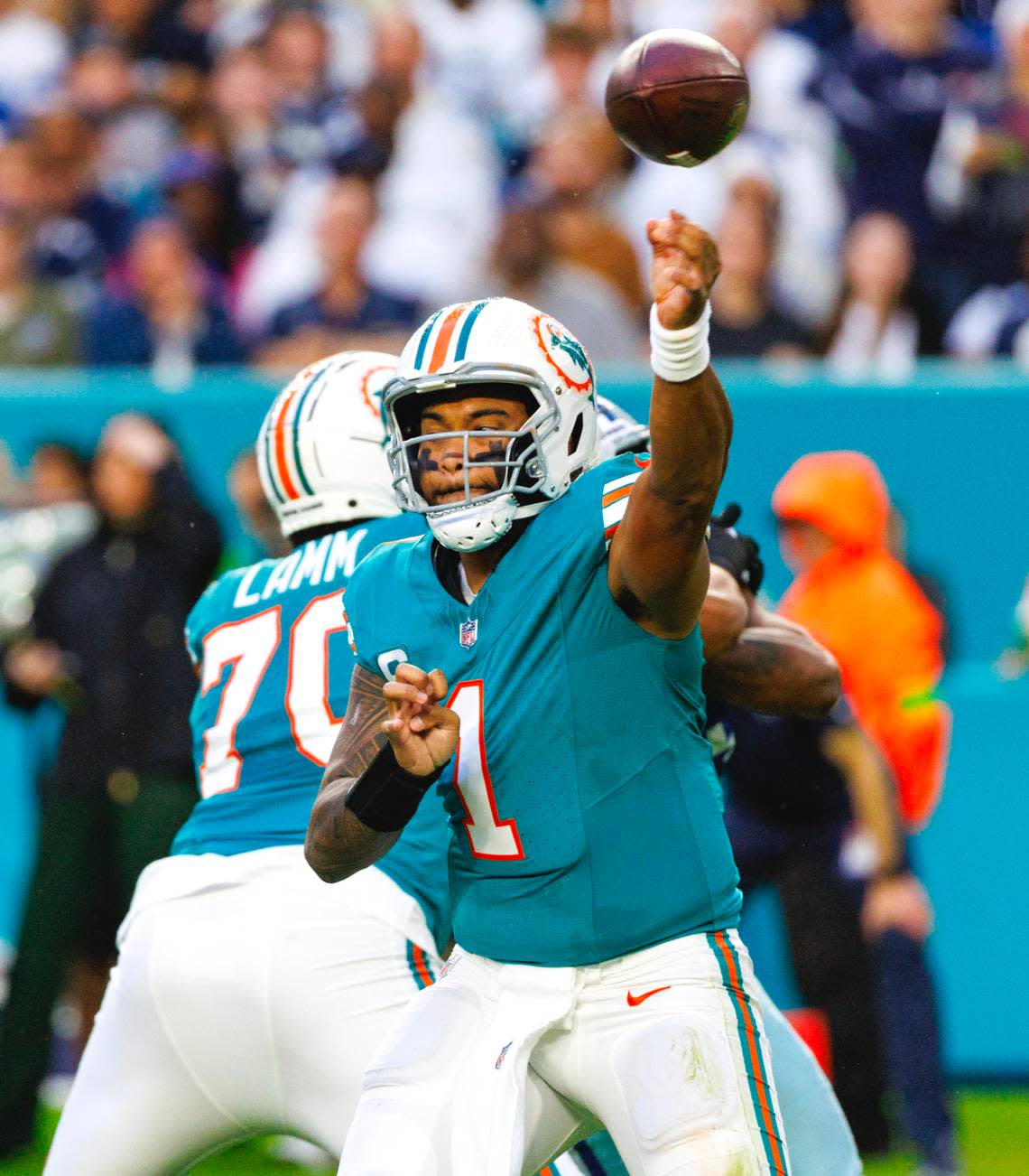 Miami Dolphins quarterback Tua Tagovailoa (1) throws a pass during first quarter of an NFL football game against the Dallas Cowboys at Hard Rock Stadium on Sunday, Dec. 24, 2023 in Miami Gardens, Fl.
