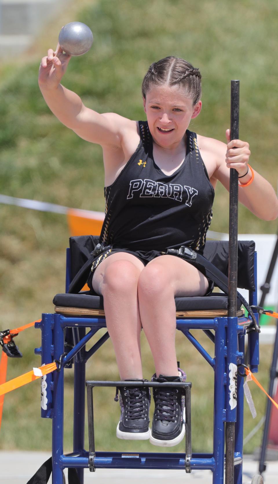 Perry's Ahsha DiPietro competes in the girls seated shot put Friday at the OHSAA State Track and Field Championships.