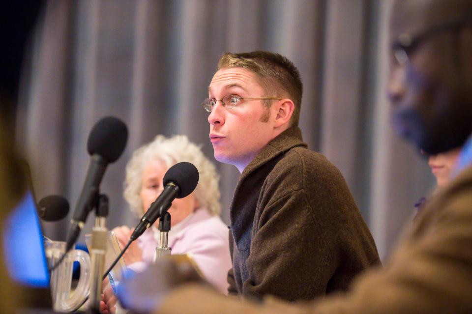 Burlington City Councilor Max Tracy questions representatives of ZRF Partners as the council decides on a buyer for Burlington Telecom on Monday, November 27, 2017.  