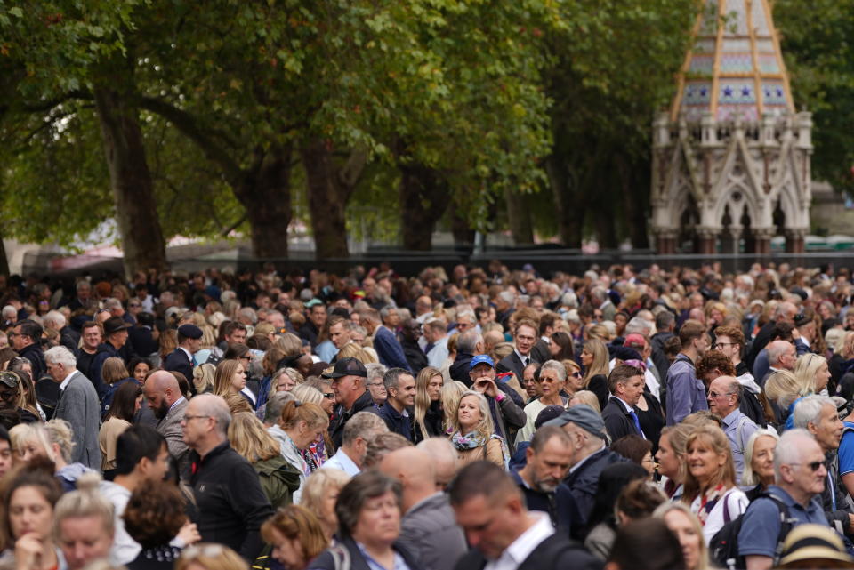 Members of the public in the queue in Victoria Tower Gardens, London, as they wait to view Queen Elizabeth II lying in state at Westminster Hall, ahead of her funeral on Monday. Picture date: Thursday September 15, 2022. (Photo by Victoria Jones/PA Images via Getty Images)