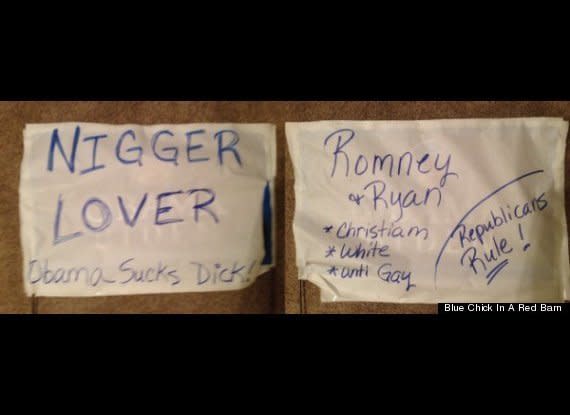 A Texas woman <a href="http://www.huffingtonpost.com/2012/09/25/obama-sign-vandalized-texas-cassy-zobel_n_1913963.html?ir=Black Voices" target="_hplink">discovered her Obama yard sign had been covered </a>with the words "NIGGER LOVER--Obama Sucks D*ck!" Sh reported the incident to the police and uncovered the racist signs but her Obama sign was later stolen. 