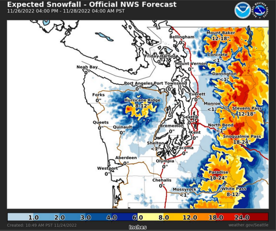 Heavy snowfall is expected over the Thanksgiving holiday weekend in the Cascade mountain passes, according to the National Weather Service.