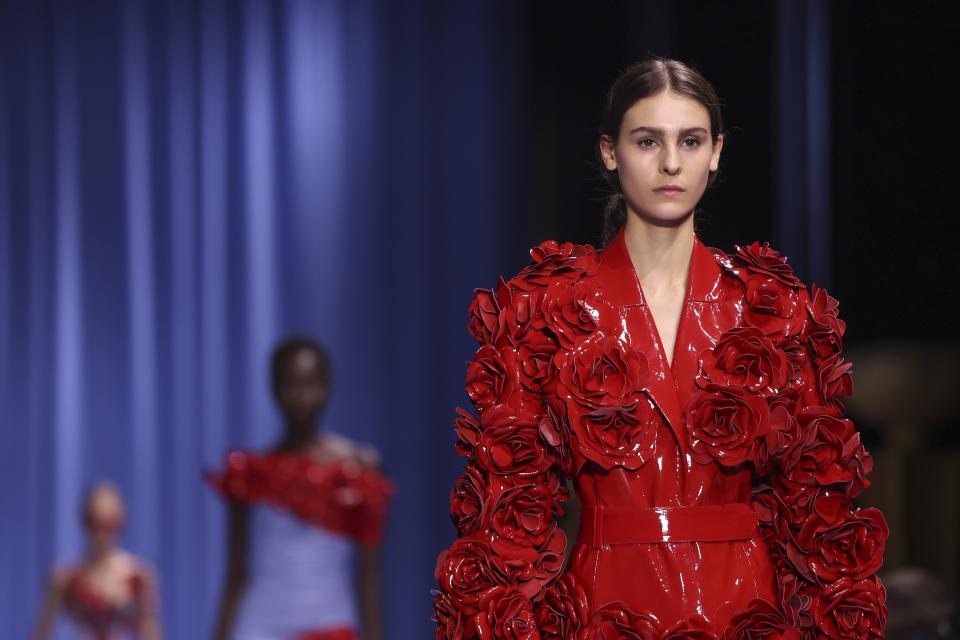 A model wears a creation for the Balmain Spring/Summer 2024 womenswear fashion collection presented Wednesday, Sept. 27, 2023 in Paris. (AP Photo/Vianney Le Caer)