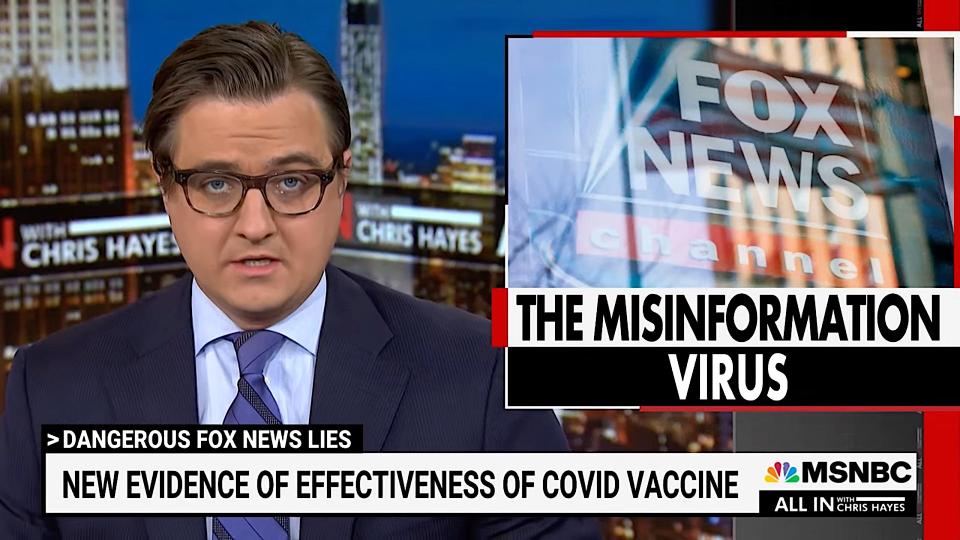 Chris Hayes slammed right-wing politicians and Fox News on Thursday night for fearmongering about the coronavirus vaccine. (Photo: MSNBC)