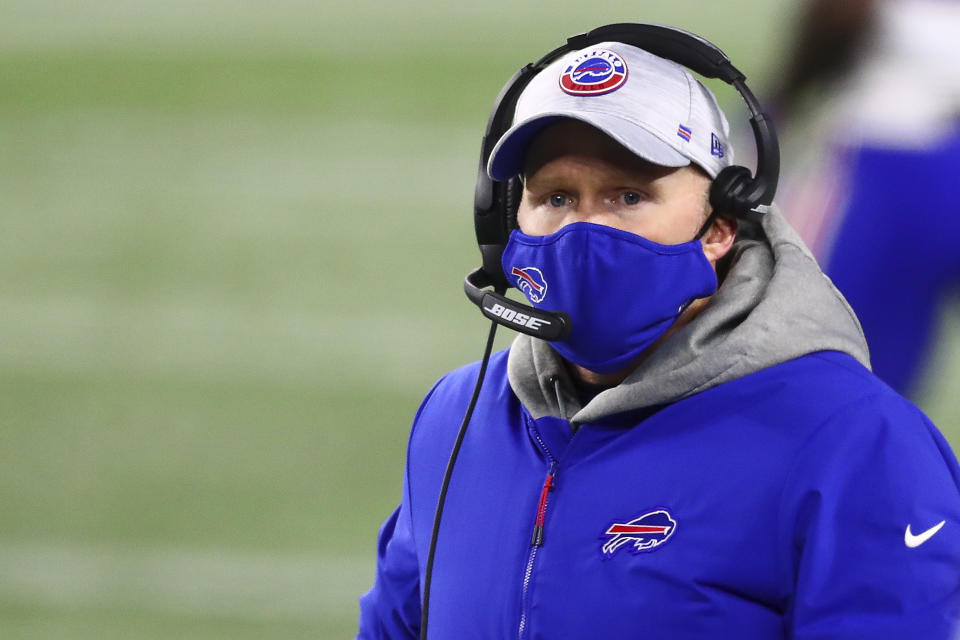 Head coach Sean McDermott of the Buffalo Bills looks on during a game against the New England Patriots at Gillette Stadium on December 28, 2020 in Foxborough, Massachusetts. (Photo by Adam Glanzman/Getty Images)