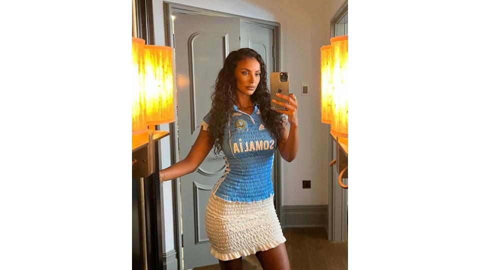 Maya wore a custom Connor Ives mini dress created with a Somalia football shirt