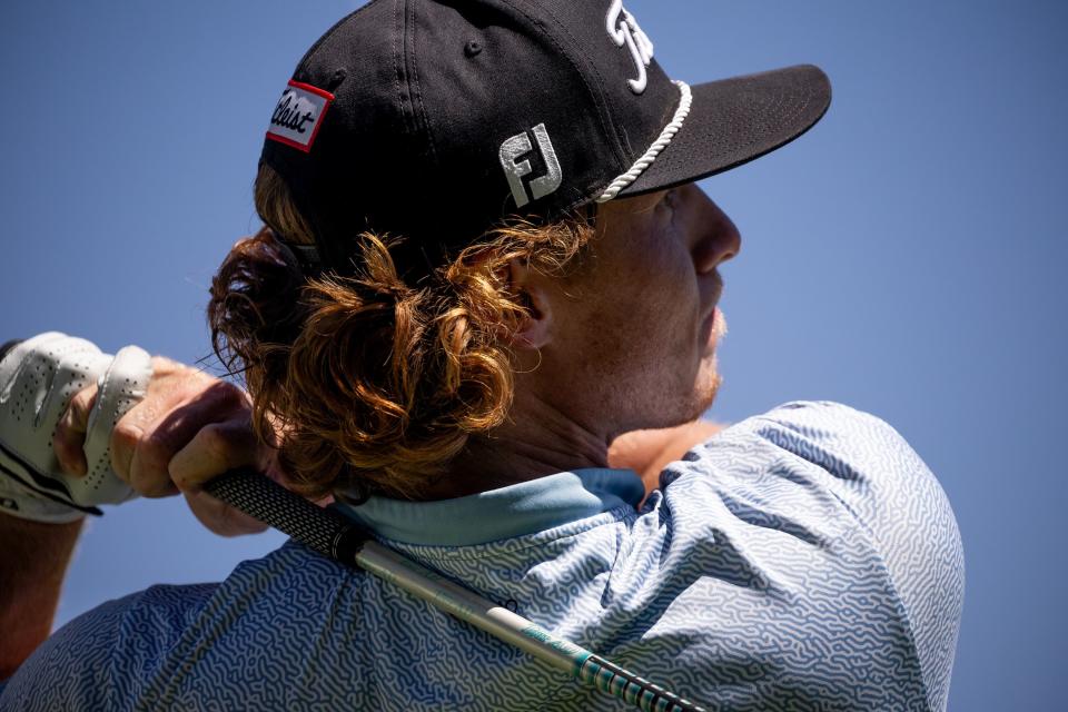 Carson Lundell hits from a tee box during the Utah Championship, part of the PGA Korn Ferry Tour, at Oakridge Country Club in Farmington on Saturday, Aug. 5, 2023. | Spenser Heaps, Deseret News