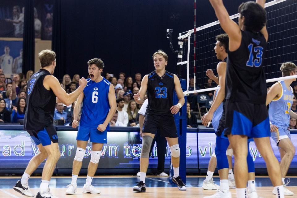 Brigham Young Cougars celebrate a point during an NCAA men’s volleyball match against the Long Island Sharks at the Smith Fieldhouse in Provo on Thursday, Feb. 8, 2023. | Marielle Scott, Deseret News