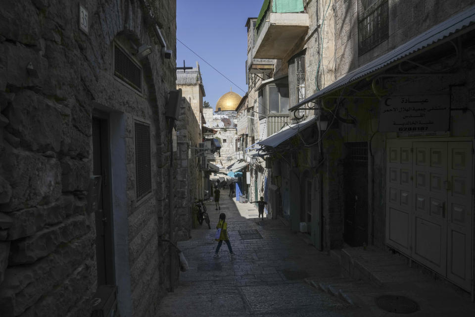 A view of the street where the Palestinian Ghaith-Sub Laban family lives in the Old City of Jerusalem, Saturday, June 24, 2023. The family has battled Israeli attempts to force them out for the past 45 years. The campaign ended this spring, when the Israeli Supreme Court struck down their final appeal in favor of Jewish settlers contending they violated the lease. Now, Israeli authorities have ordered the eviction of the family to take place by July 13. (AP Photo/Mahmoud Illean)